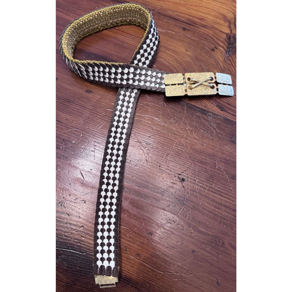 Vintage Art Deco Gold Metallic Fish Scale Elastic Glam Stretchy Belt - Picture 7 of 10